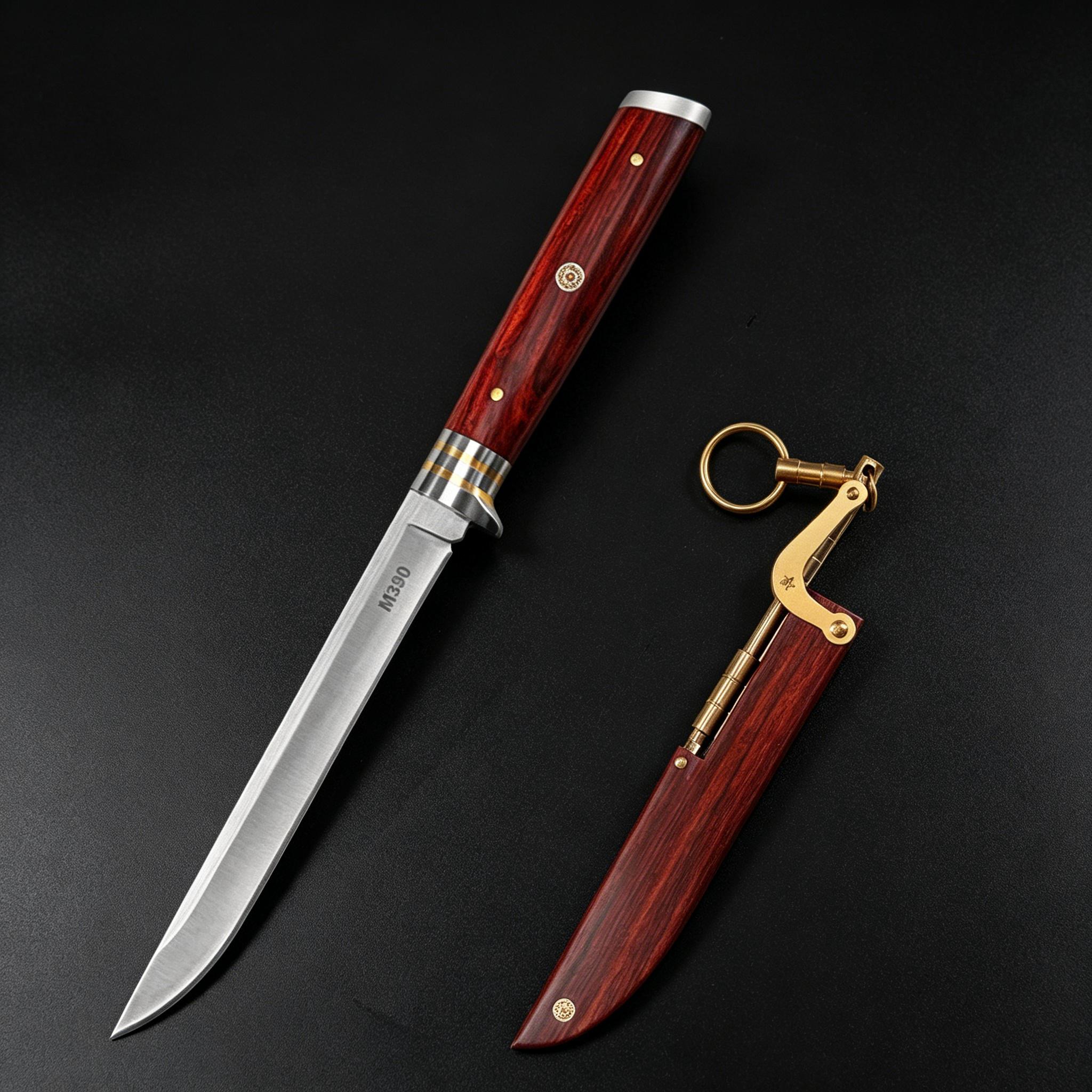 An open M390 folding knife with a wood handle and metal guard, positioned next to its separate wooden sheath with a brass linkage and key ring, on a dark background.