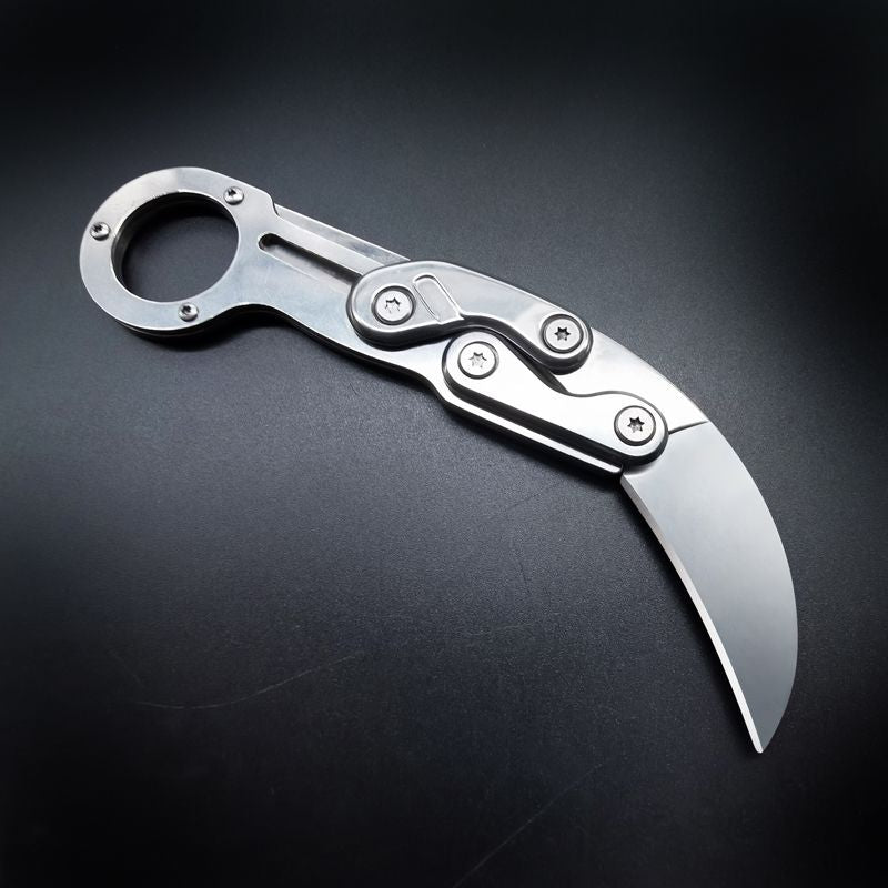 Mechanical Eagle Claw folding knife with 3Cr steel karambit blade, metal handle, mechanical folding design, lightweight and portable for outdoor, camping, fishing, and EDC use.