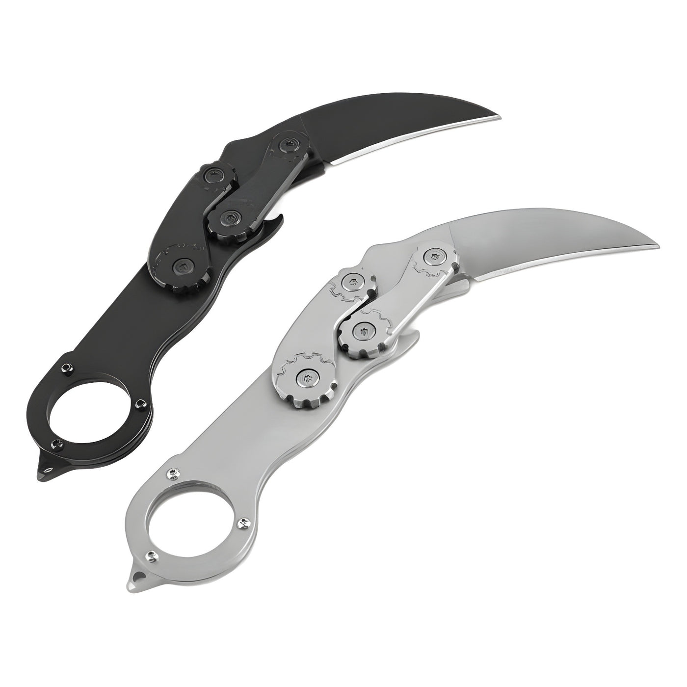 Two open mechanical folding karambit knives with a finger ring handle and gear mechanism, one black and one silver, displayed on a white background.