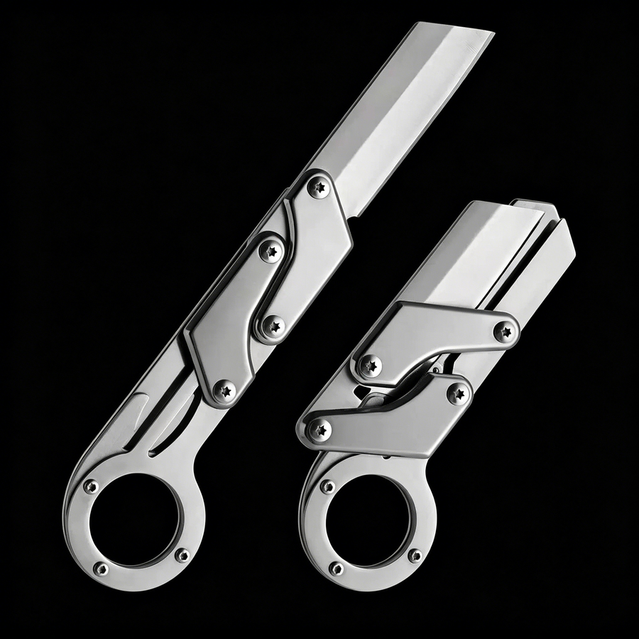 High hardness mechanical folding knife with 3Cr steel blade, full steel handle, mechanical linkage opening, safety lock, compact and portable, ideal for camping, EDC, and outdoor activities.