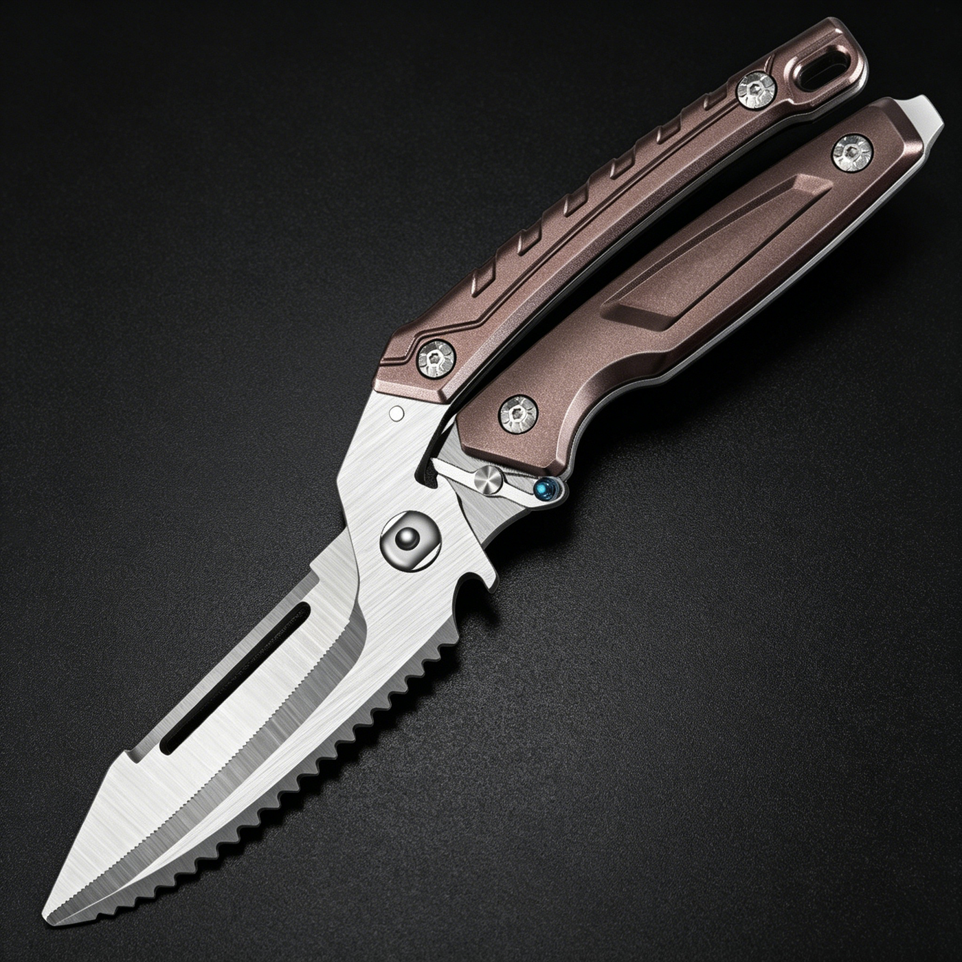 An open tactical folding knife featuring a brushed silver blade with a serrated edge and a bronze skeletonized handle with blue hardware accents, displayed on a dark background.