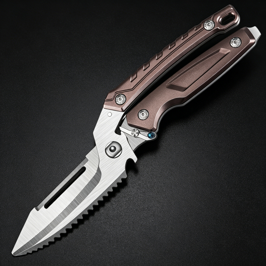 An open tactical folding knife featuring a brushed silver blade with a serrated edge and a bronze skeletonized handle with blue hardware accents, displayed on a dark background.