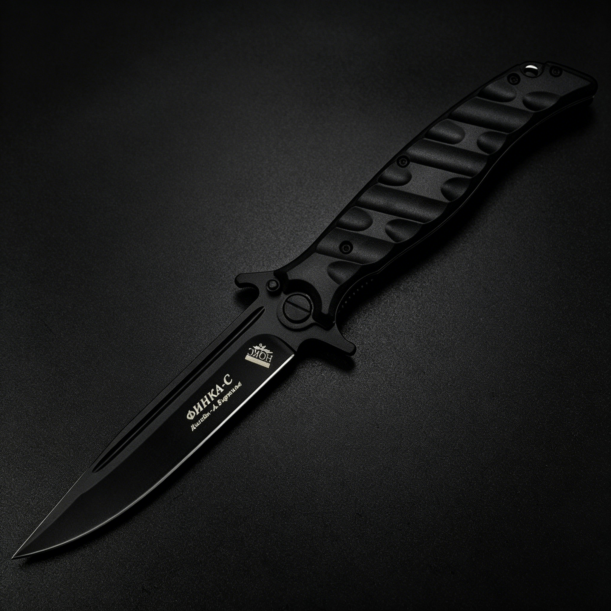 An open Noks folding knife with a black textured handle and a silver blade, displayed on a dark background.
