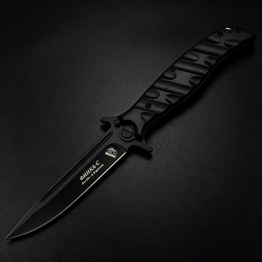 An open Noks folding knife with a black textured handle and a silver blade, displayed on a dark background.