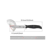Product specification chart for a Noks folding knife showing an overall length of 25.5cm, a blade length of 11.5cm, a protractor showing the blade angle, and a metal ruler for scale on a white background.