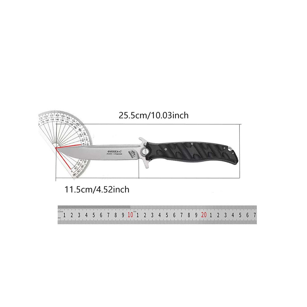 Product specification chart for a Noks folding knife showing an overall length of 25.5cm, a blade length of 11.5cm, a protractor showing the blade angle, and a metal ruler for scale on a white background.