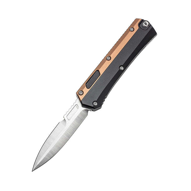 An open out-the-front tactical knife with a silver blade and a bronze and black handle, displayed on a white background.