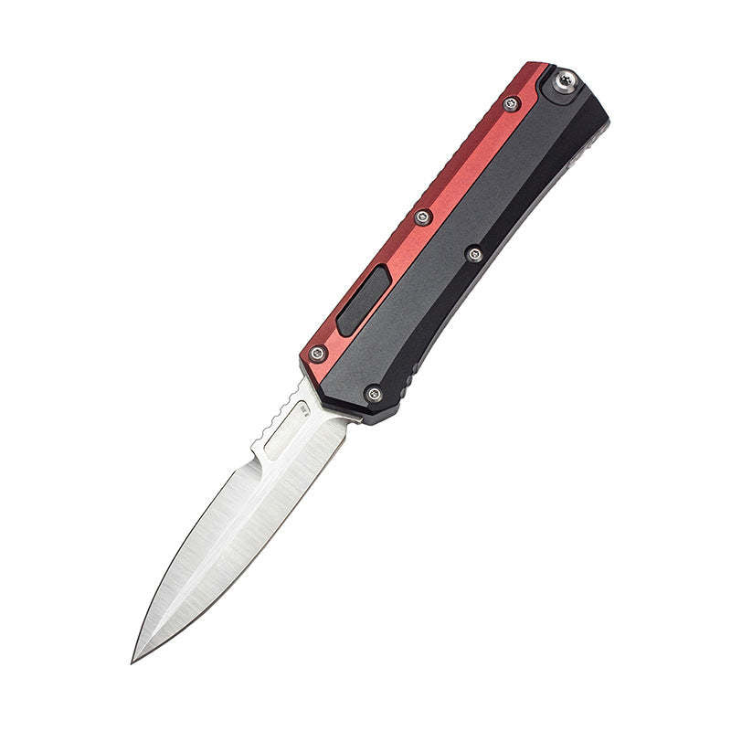 An open out-the-front tactical knife with a silver blade and a red and black handle, displayed on a white background.