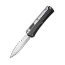 An open out-the-front tactical knife with a silver blade and a black and silver handle, displayed on a white background.