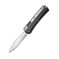 An open out-the-front tactical knife with a silver blade and a black and silver handle, displayed on a white background.