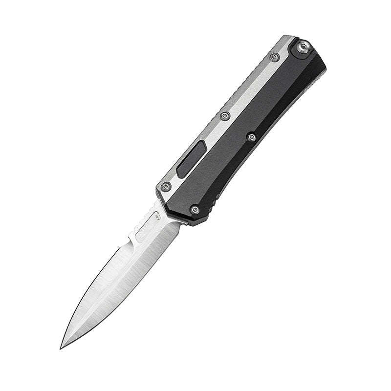 An open out-the-front tactical knife with a silver blade and a black and silver handle, displayed on a white background.