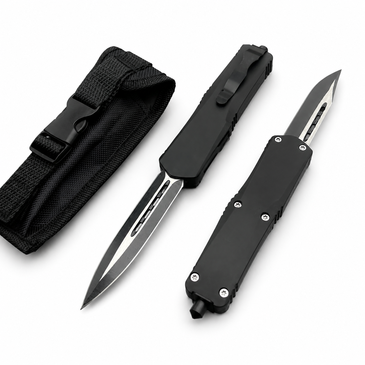 Two black OTF knives with carbon fiber handles and silver blades, displayed next to a black nylon sheath.