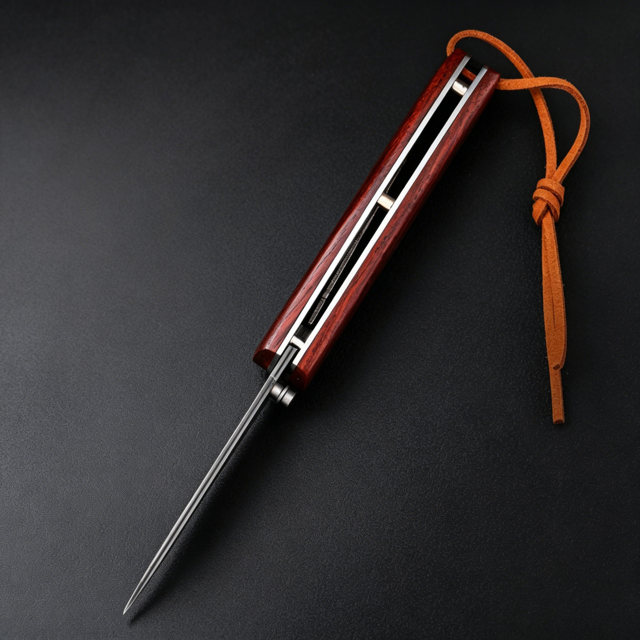 A closed EDC folding knife with a polished red wood handle and a slender blade profile, featuring a brown leather lanyard and silver liners, displayed on a dark textured background.