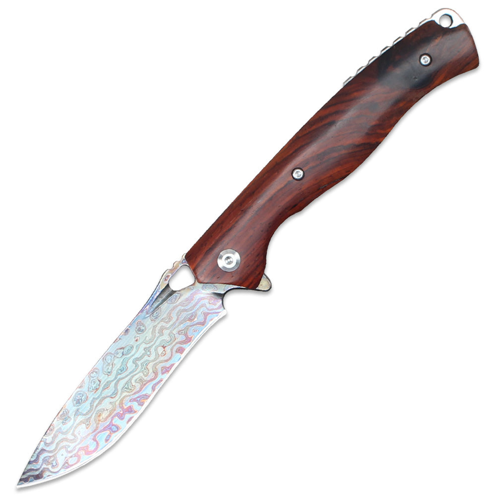Redwood handle folding knife displayed on a white background. The colorful Damascus steel blade complements the redwood handle. This EDC tool is perfect for outdoor adventures, camping, and everyday carry.