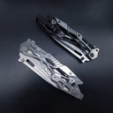 Two closed tactical folding knives, one silver and one black, showcasing the skeletonized handle frames and pocket clips, displayed on a dark background.