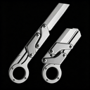 Two silver folding knives with a ring handle, mechanical linkage design, and a grooved blade, shown open and closed on a black background.
