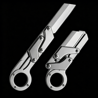 Two silver folding knives with a ring handle, mechanical linkage design, and a grooved blade, shown open and closed on a black background.