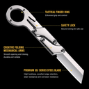 A silver mechanical folding knife on a black background with text labels highlighting its features, including a tactical finger ring, a safety lock, creative folding mechanical arms, and a premium 3Cr series steel blade.