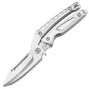 An open silver folding knife with a skeletonized handle and a serrated blade featuring a groove, displayed on a white background.