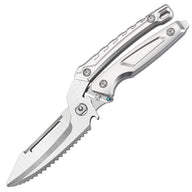 An open silver folding knife with a skeletonized handle and a serrated blade featuring a groove, displayed on a white background.