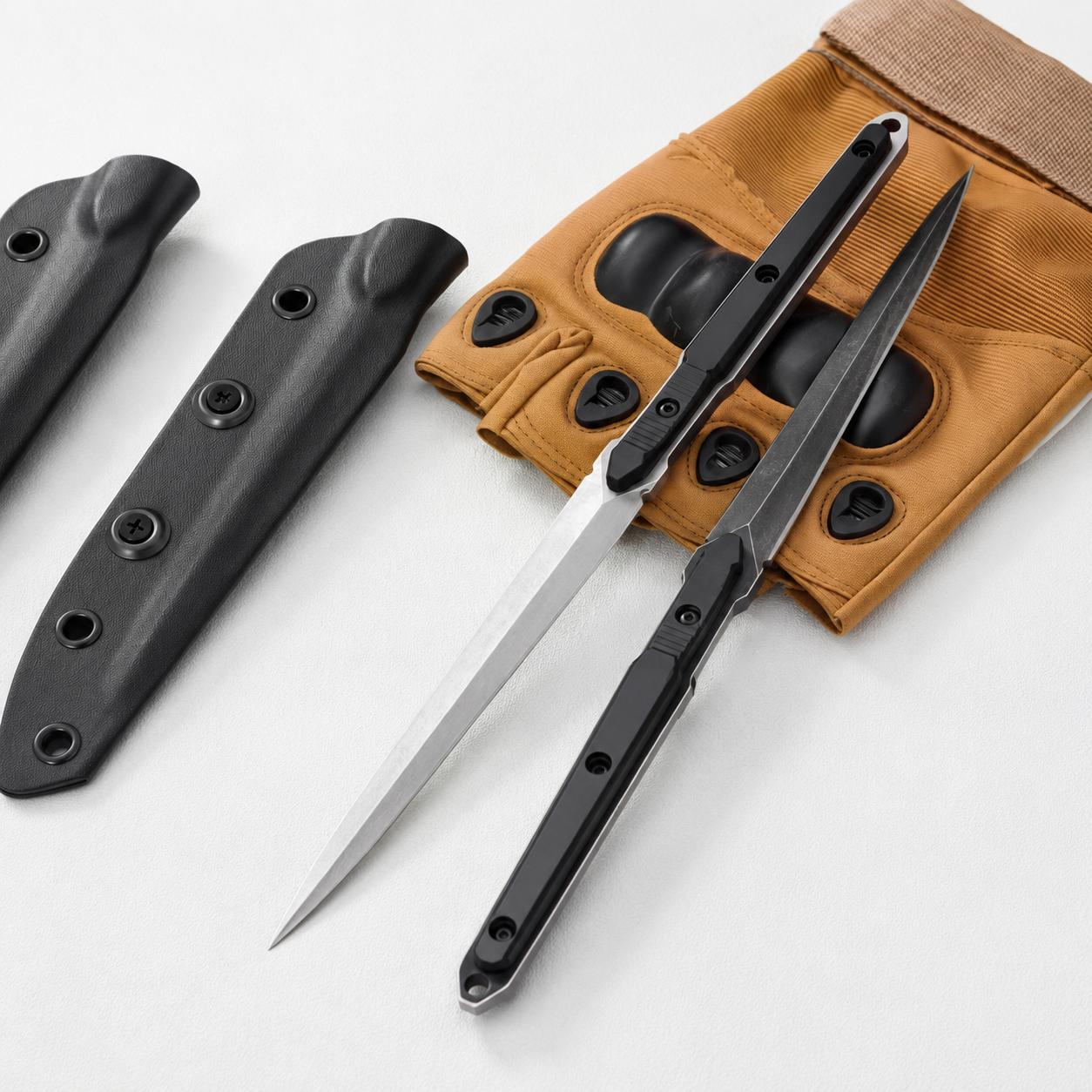 Two open slim folding knives with silver and black blades displayed with tan tactical gloves and black sheaths on a clean white background.