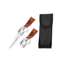 A compact open and closed folding knife with silver blades, wooden handles, and finger rings, shown next to a black nylon sheath on a white background.