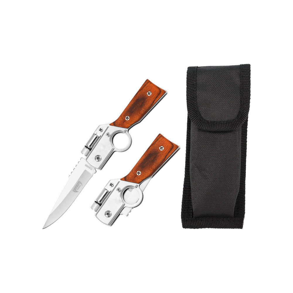 A compact open and closed folding knife with silver blades, wooden handles, and finger rings, shown next to a black nylon sheath on a white background.