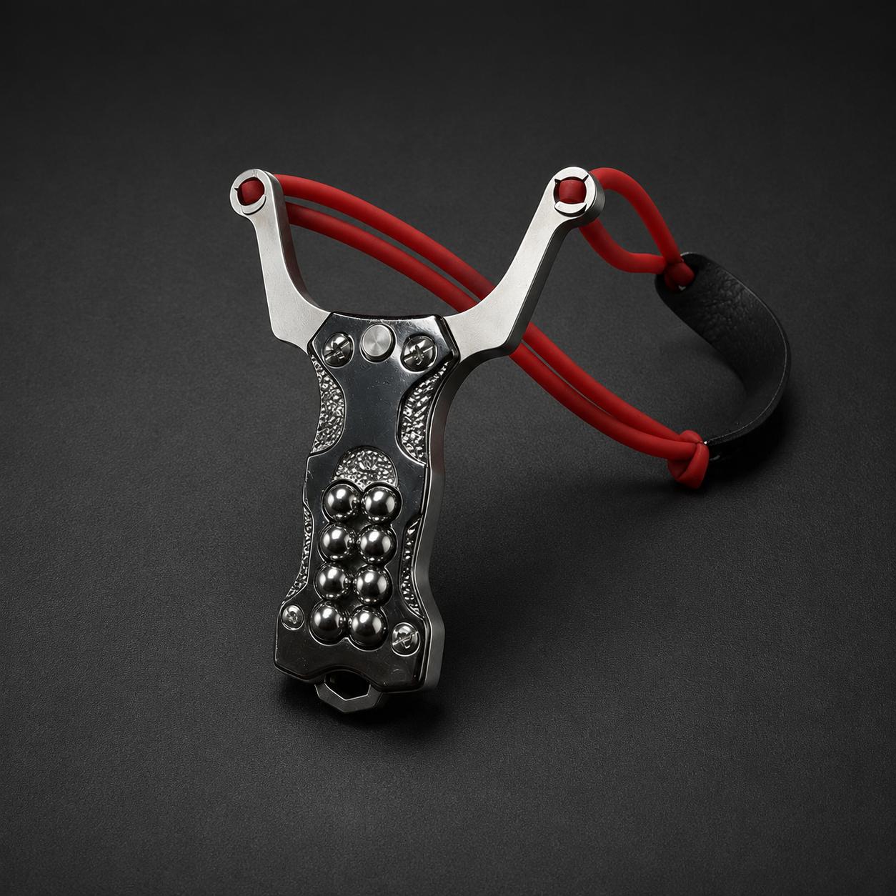 A stainless steel EDC slingshot with a red high-elastic band and embedded steel balls, displayed on a dark background.