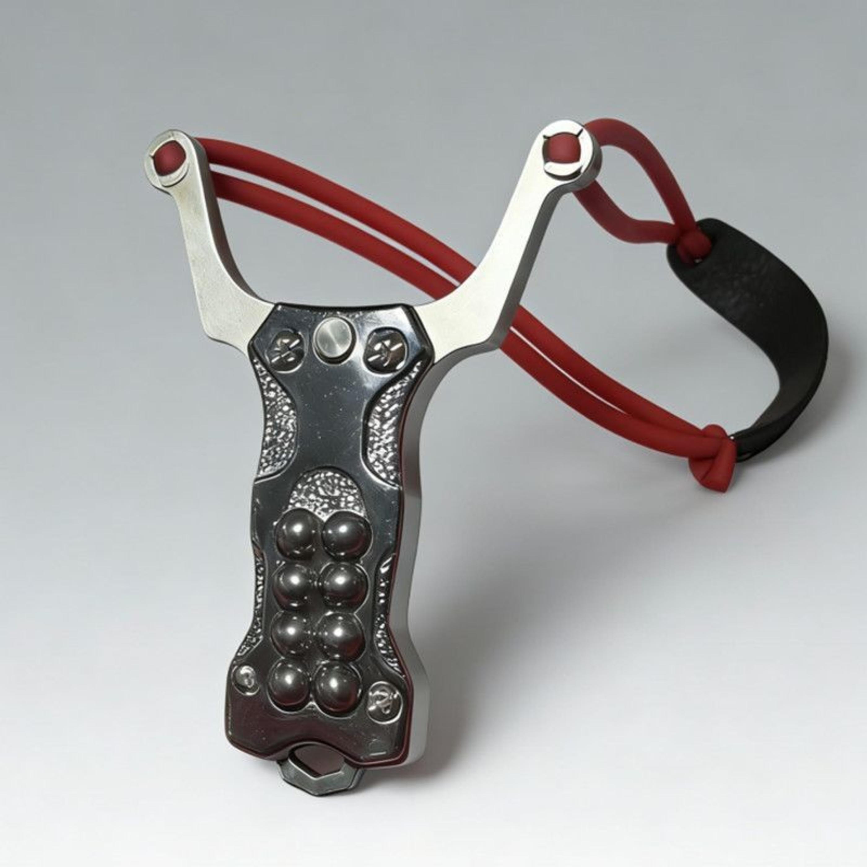 A silver stainless steel EDC slingshot with a red band and steel ball storage, displayed on a white background.