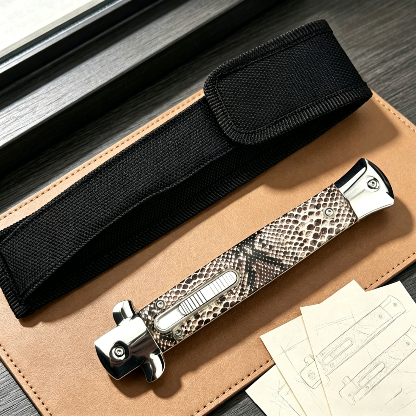 A closed stiletto knife with a silver and black snakeskin patterned handle, resting on a leather notebook next to a black nylon sheath and technical sketches.