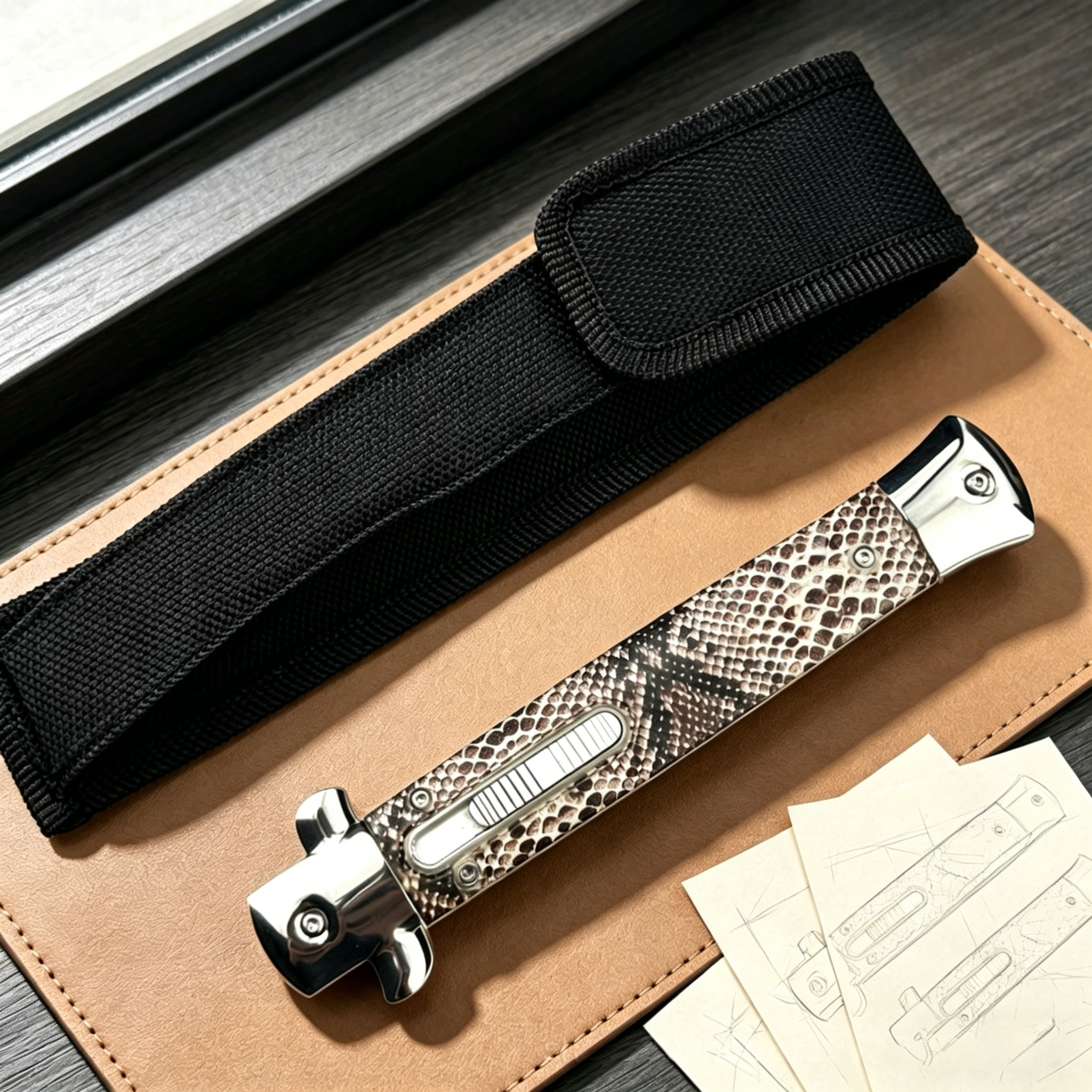 A closed stiletto knife with a silver and black snakeskin patterned handle, resting on a leather notebook next to a black nylon sheath and technical sketches.