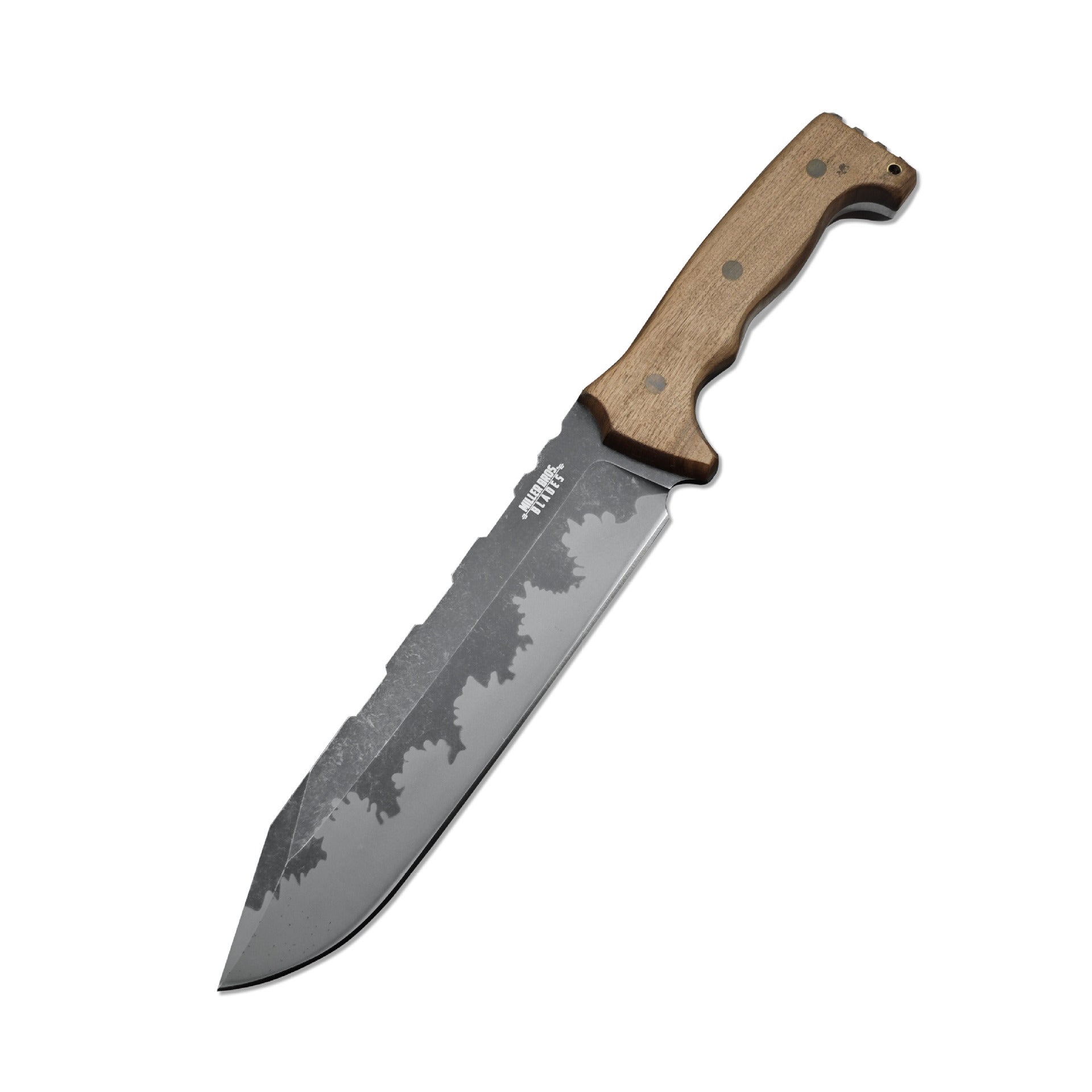 A survival utility knife with a wooden handle, serrated spine, and damascus-style blade texture.