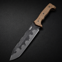 A survival utility knife with a wooden handle, serrated spine, and damascus-style blade texture.