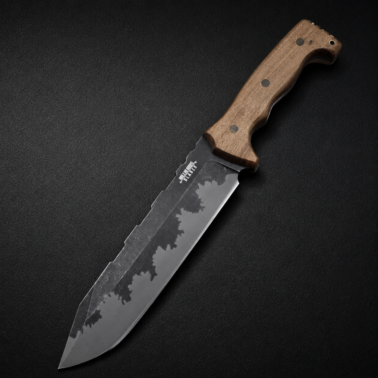 A survival utility knife with a wooden handle, serrated spine, and damascus-style blade texture.