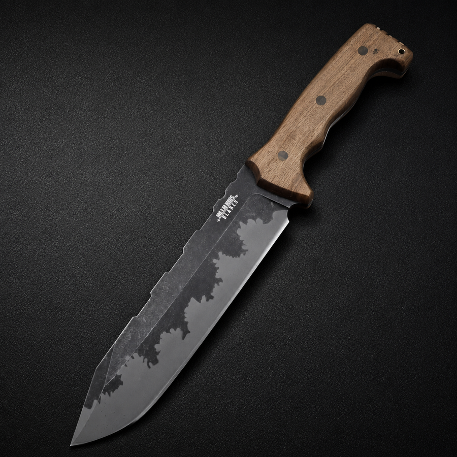 A survival utility knife with a wooden handle, serrated spine, and damascus-style blade texture.