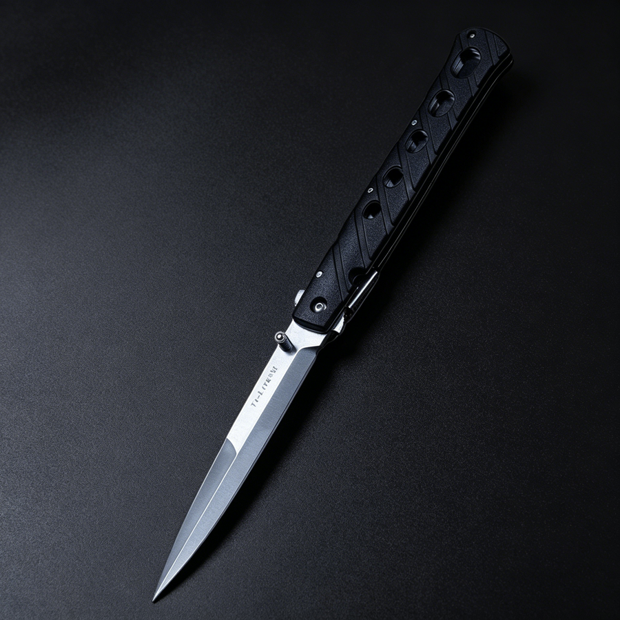 An open Tac-Raven folding knife with a silver blade and a black handle featuring rectangular cutouts and angled grooves, displayed on a dark background.