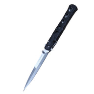 An open Tac-Raven folding knife with a silver blade and a black handle featuring angled grooves and circular cutouts, displayed on a white background.