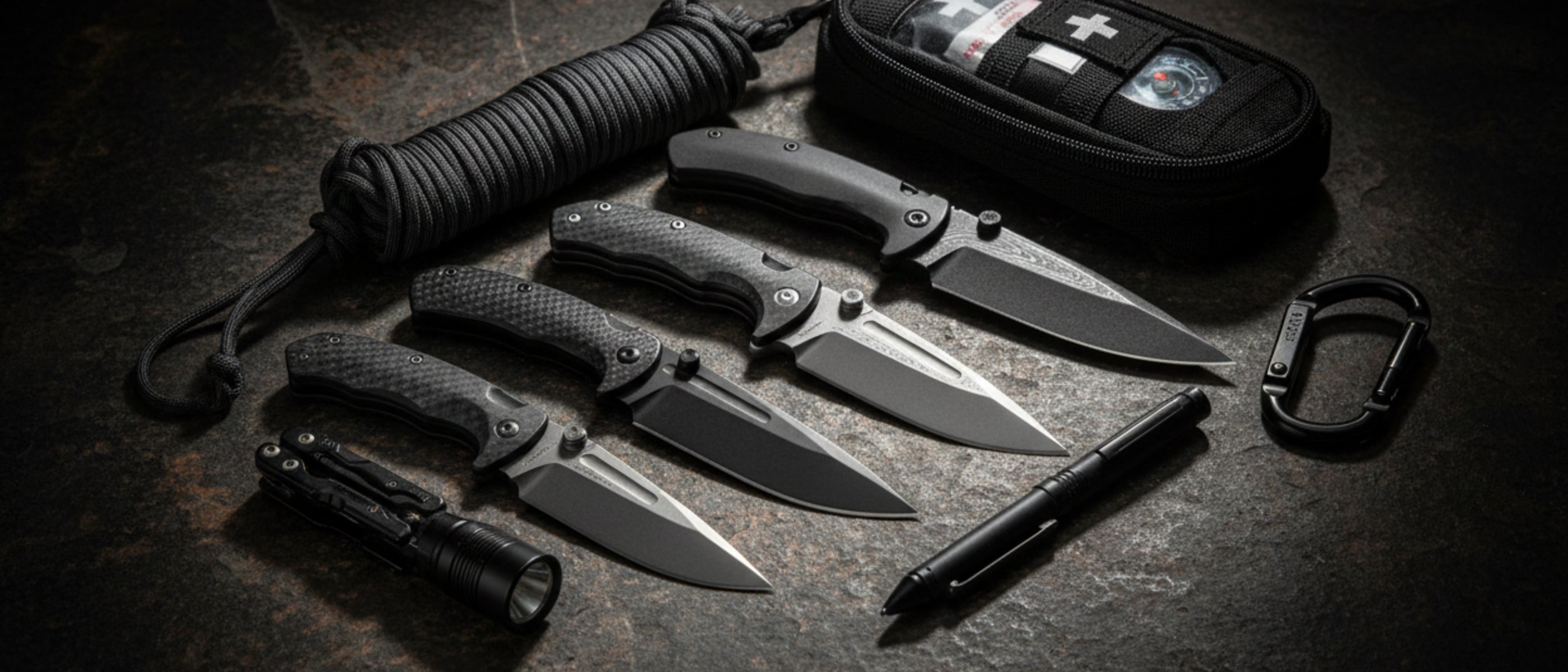 Blog homepage graphic: Black carbon fiber folding knives with everyday carry tools