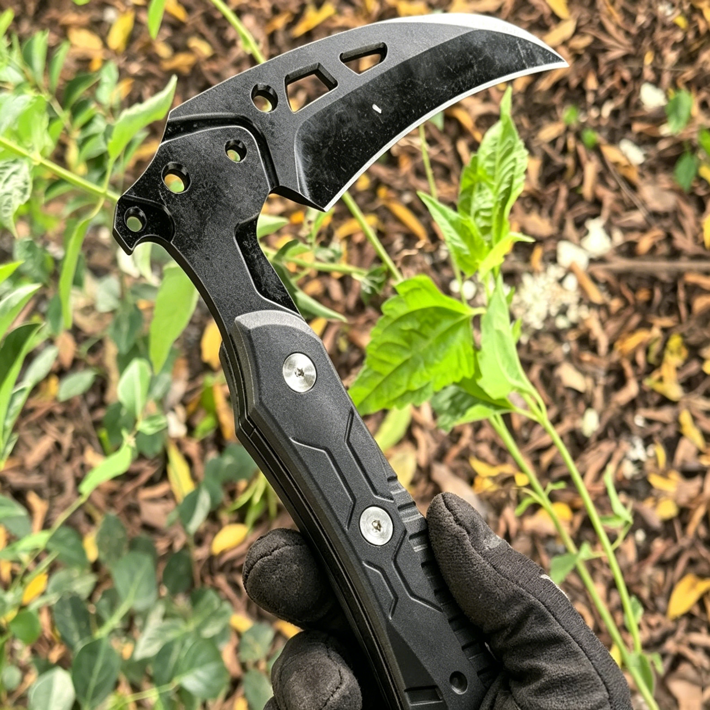 Black tactical multi-purpose claw knife/breaching tool held in hand, with green outdoor foliage in the background, showcasing its practical functionality and rugged tactical style.