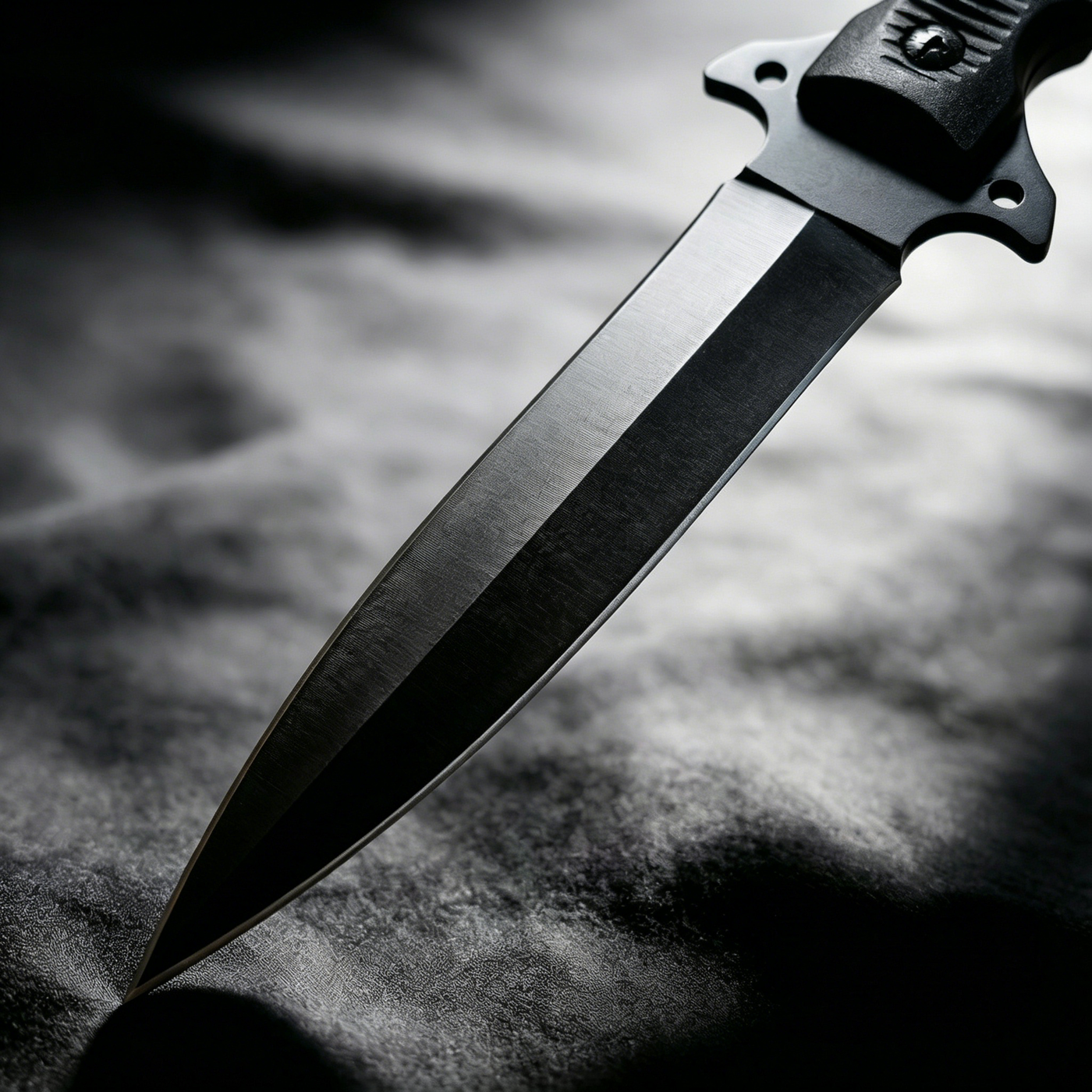 Side view of a black tactical fixed blade knife, featuring a sleek elongated profile, reinforced guard design, and balanced weight distribution for quick deployment and handling.