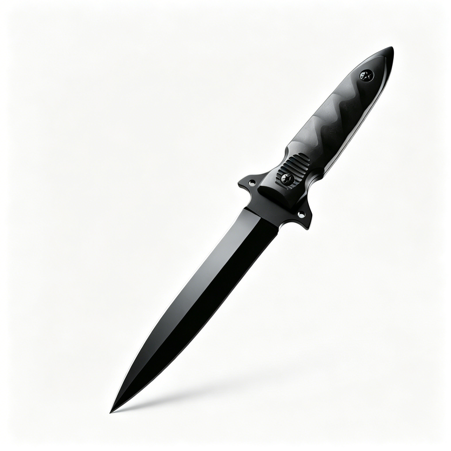 Close-up of the dagger blade, featuring a sharp black tip and aggressive spine lines. The cross guard includes anti-slip serrations, while the handle showcases a wave-pattern textured grip with a strong metallic finish.
