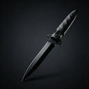 Close-up of the dagger blade, featuring a sharp black tip and aggressive spine lines. The cross guard includes anti-slip serrations, while the handle showcases a wave-pattern textured grip with a strong metallic finish.
