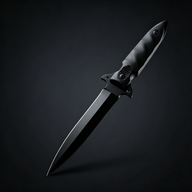 Close-up of the dagger blade, featuring a sharp black tip and aggressive spine lines. The cross guard includes anti-slip serrations, while the handle showcases a wave-pattern textured grip with a strong metallic finish.