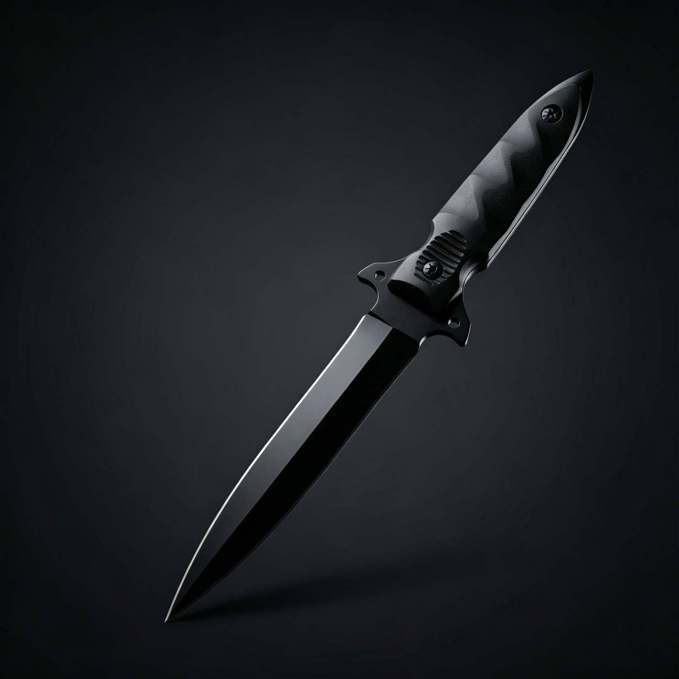Close-up of the dagger blade, featuring a sharp black tip and aggressive spine lines. The cross guard includes anti-slip serrations, while the handle showcases a wave-pattern textured grip with a strong metallic finish.