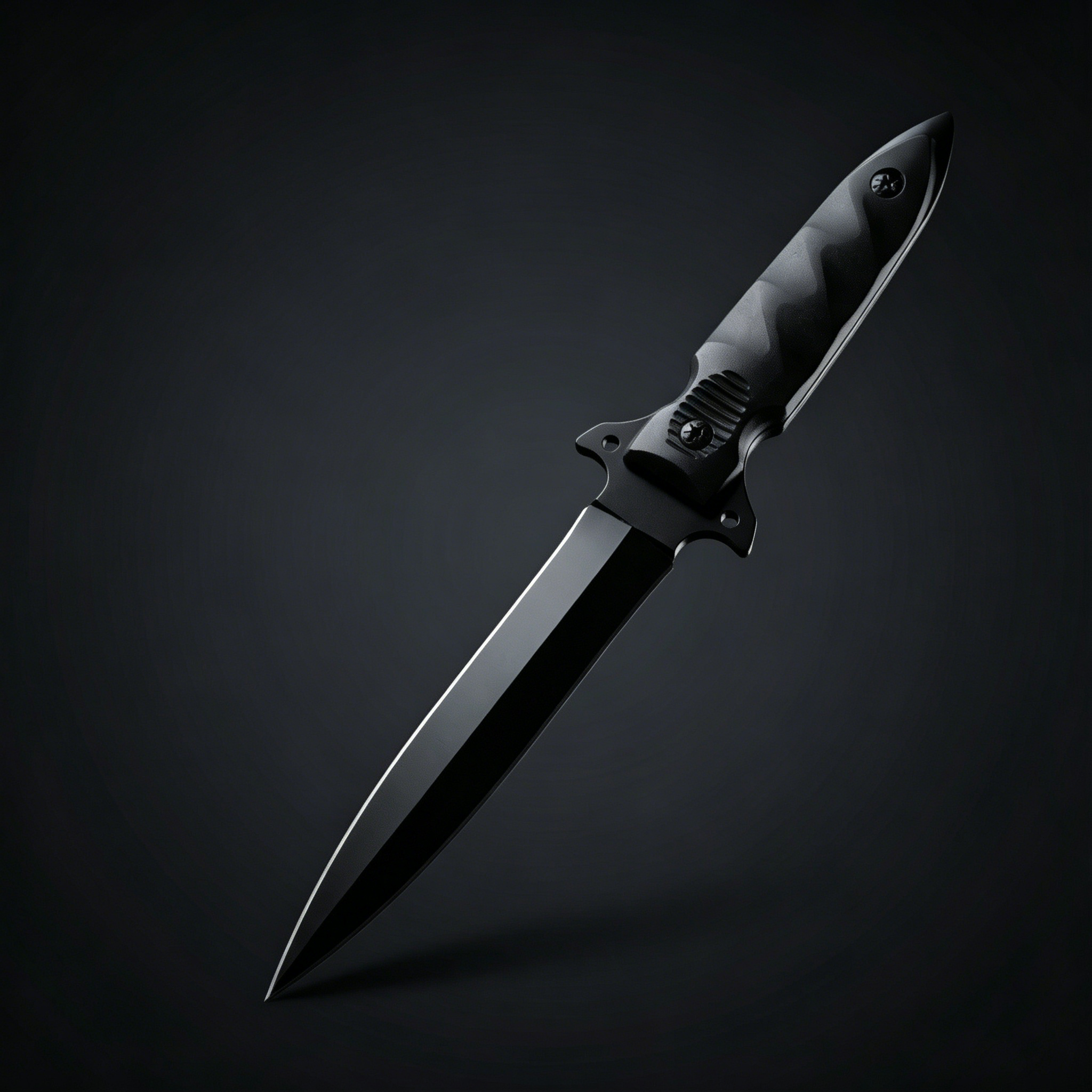 Close-up of the dagger blade, featuring a sharp black tip and aggressive spine lines. The cross guard includes anti-slip serrations, while the handle showcases a wave-pattern textured grip with a strong metallic finish.
