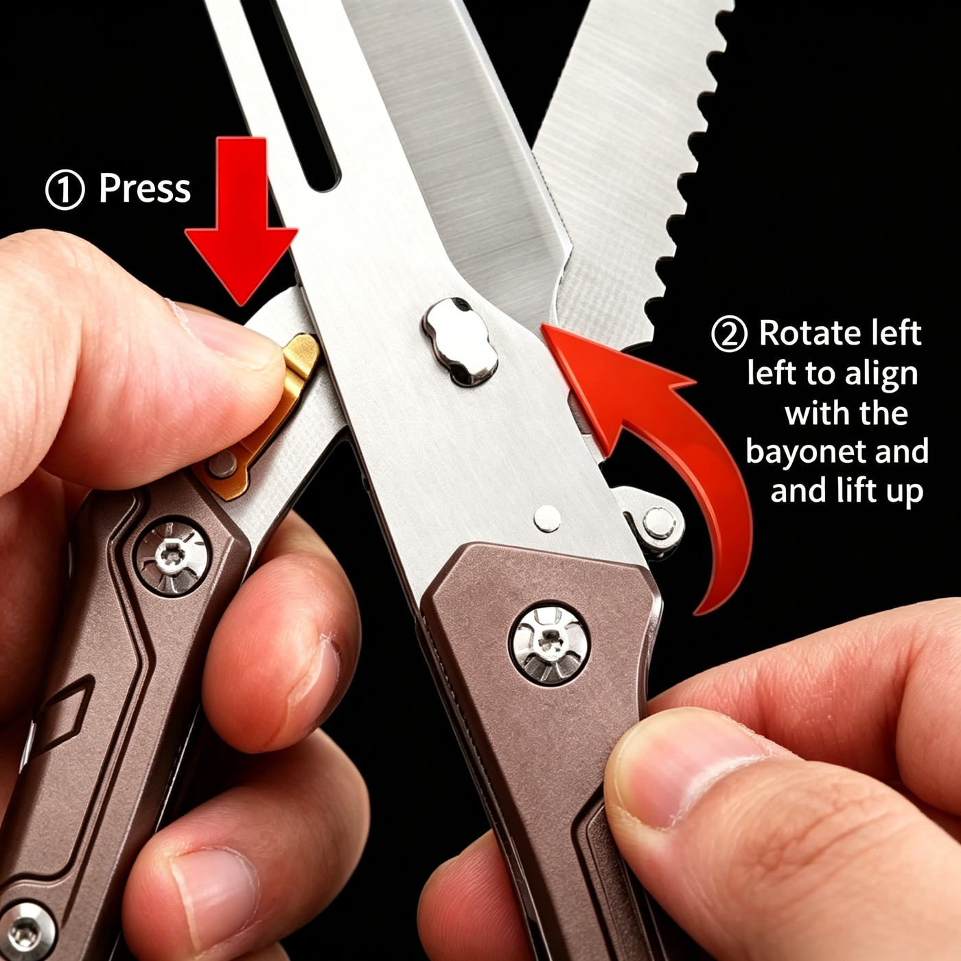 Hands holding a bronze tactical folding knife with red arrows and text instructions showing how to press the gold lock bar and rotate the blade to disassemble the tool.