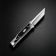 An open tactical folding knife with a grey handle and black insert, displayed on a dark background.