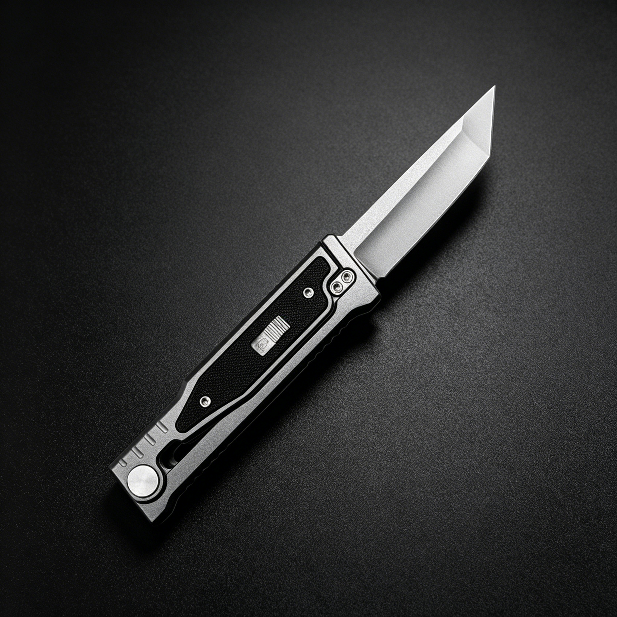 An open tactical folding knife with a grey handle and black insert, displayed on a dark background.