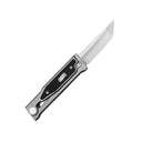 An open tactical folding knife with a grey handle and black insert, displayed on a white background.