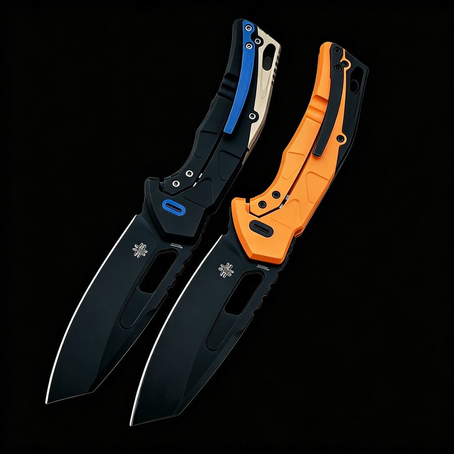 Two tactical folding knives with black blades and handles featuring blue and orange accents, displayed on a black background.